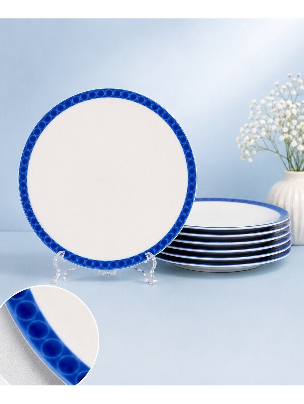 Arzberg Germany 1960s Set Of 7 Dinner Plates Bastdekor Blue Porcelain, 9.5”